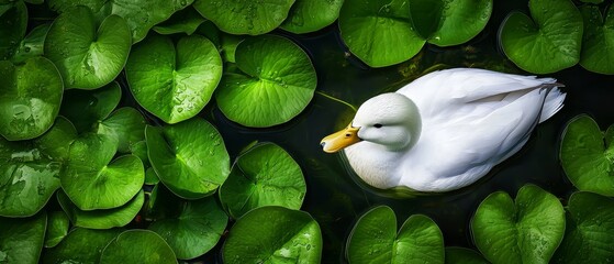 Wall Mural -  A white duck floats atop tranquil water, encircled by numerous green water lilies