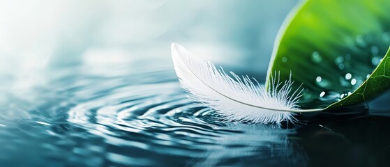  A feather floats atop tranquil water, mirrored by a verdant leaf hovering above its reflective surface on the opposite side