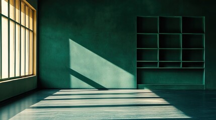 Wall Mural - A dark, empty room with a green shelf in the foreground