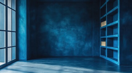 Wall Mural - A dark, empty room with a blue shelf in the foreground