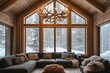 © Dina - chic modern yet rustic chalet interior with cozy seating areas, a chandelier made of antlers, and snow falling outside the window, minimal style