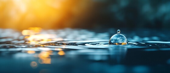 Wall Mural -  A tight shot of a water droplet on a surface against a sunlit backdrop, with the background softly blurred