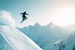 © Dina - snowboarder performing a high jump trick in mid-air against a backdrop of snow-covered mountains, minimal background with copy space