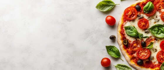  Pizza with tomatoes, basil, olives, and cheese on a white background Garnished with a green leafy branch