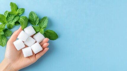 A hand presenting fresh mint leaves and sugar cubes against a soothing blue backdrop in a creative and minimalist flat lay style