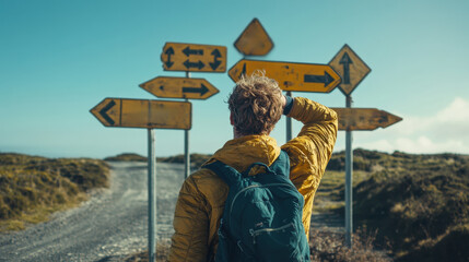 a traveler contemplates multiple road signs, indicating various directions amidst a scenic landscape
