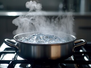 Boiling water pot on stove with steam.