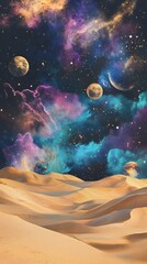 Surreal cosmic scene featuring a vast desert landscape beneath a vibrant nebula sky, with distant planets and stars, evoking a sense of wonder and otherworldly beauty.

