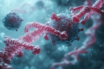 Detailed molecular structure of DNA interacting with cells under a microscope