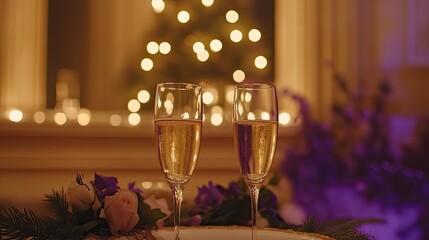 Champagne flutes raised in a toast, dreamy backdrop of twinkling purple and gold lights, celebrating new beginnings.