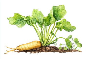 Wall Mural - Watercolor painting of a horseradish plant with root and leaves, ideal for seed packaging or gardening publications