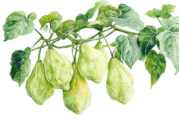 Wall Mural - Watercolor illustration showcasing a chayote plant with ripe fruits hanging from a branch, ideal for seed packaging or botanical designs