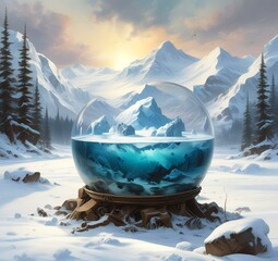 Illustration of Earth planet globe frozen in ice and snow with winter landscape.