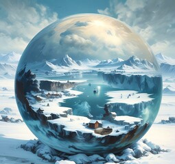 Illustration of Earth planet globe frozen in ice and snow with winter landscape.