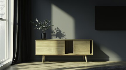 A modern minimalist sideboard made of solid wood, featuring a light oak grain finish, designed with two drawers and an open storage space. 