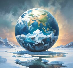 Illustration of Earth planet globe frozen in ice and snow with winter landscape.