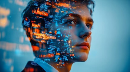 a young man's face is superimposed with a futuristic digital interface, representing the integration