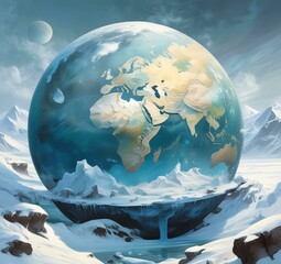 Illustration of Earth planet globe frozen in ice and snow with winter landscape.