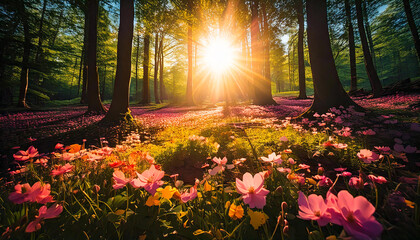 beautiful sunrise in the forest, forest like paradise