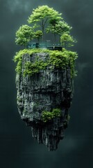 A surreal floating island with lush greenery and trees, creating a mystical landscape in a dramatic, cloudy sky.