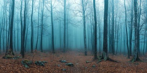 Wall Mural - A forest with trees and leaves on the ground. The sky is cloudy and the forest is foggy