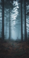 Wall Mural - A forest with trees and a path. The sky is cloudy and the light is dim
