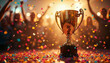 © abu - Golden trophy amidst colorful confetti, celebrating triumph and success with cheering silhouettes.