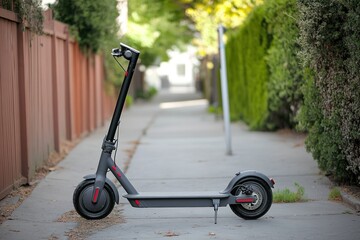 Electric scooter parked on sidewalk, green hedge background