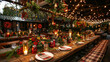 © AlexPhototest - rustic Christmas dinner table set with plaid tablecloth, surrounded by festive decorations and warm lights, creating cozy and inviting atmosphere for holiday gatherings