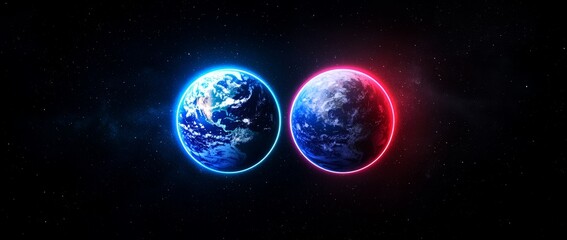 Wall Mural - neon glitch illuminating three moons in green, blue, and red, on a dark background with a green sun 