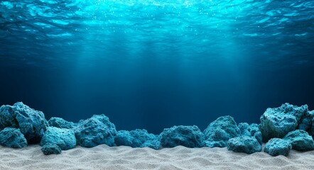 Seafloor underwater landscape, underwater world, coral, neon glow, reflection on the water. Deep water by the sun. Stones, corals, neon glow. Night view.