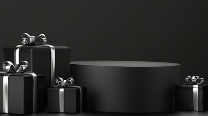 Wall Mural - Modern black gift boxes on dark background with podium