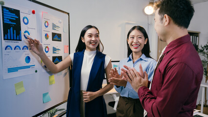 Wall Mural - Three asian businesspeople discussing company strategy during a meeting in the office, one businesswoman pointing at charts on a whiteboard while her colleagues are clapping