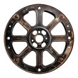 © Atthasit - A close-up of a worn, black metal wheel showcasing its unique design and patina, emphasizing industrial aesthetics and mechanical elements.