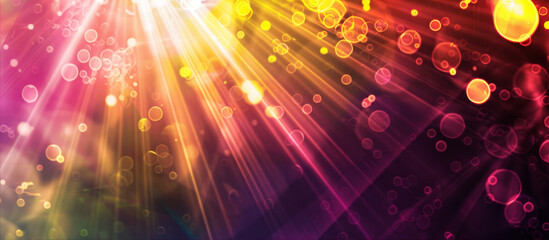 Bright, multi-colored rays of light with bokeh on a black background
