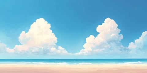 Wall Mural - Serene beach view with fluffy clouds and clear blue sky, horizon in the distance.