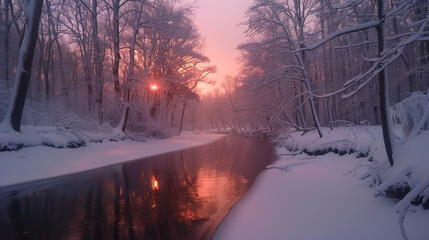 Wall Mural - serene winter scene featuring frozen riverbank lined with snow, reflecting soft hues of sunset. tranquil atmosphere evokes sense of peace and beauty in nature