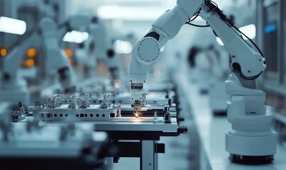 Poster - A robotic arm in a factory, working on an assembly line.