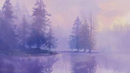 Wall Mural - Foggy morning over the lake, pastel shades
