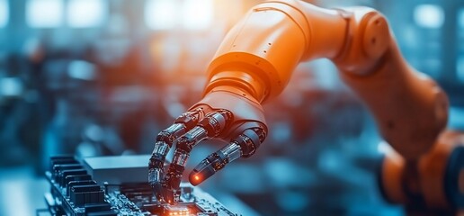Poster - A robotic arm with a mechanical hand, in an industrial setting, performing a task on a circuit board.