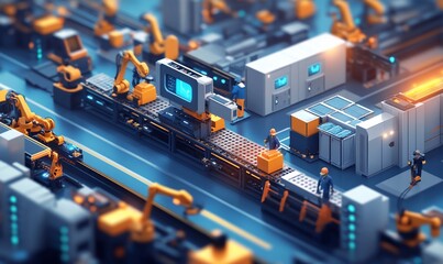 Poster - A robotic assembly line with workers in a futuristic factory.