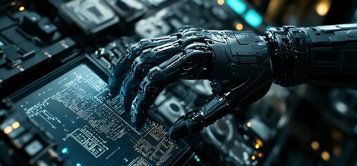 Poster - A robotic hand interacts with a futuristic interface, highlighting the potential of artificial intelligence.