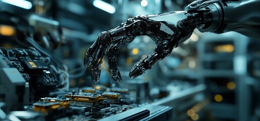 Poster - A robotic hand reaches out to grab something in a futuristic industrial setting.