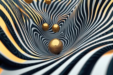 Wall Mural - abstract design with golden spheres in a swirling striped pattern.