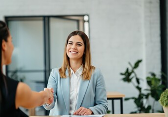 Businesswoman shaking hands with colleague in office