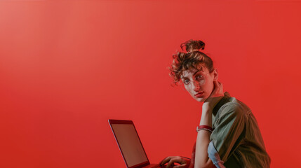 Woman with laptop on red background
