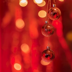 Christmas background with baubles and bokeh on red background.