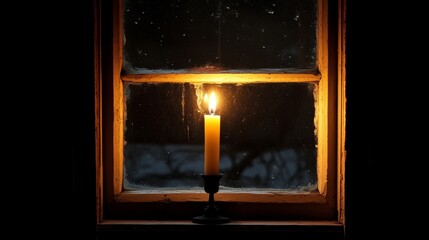 Poster - A single Advent candle burns softly in a dark window, illuminating the glass and creating a warm glow