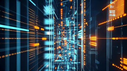 A futuristic digital corridor filled with glowing data streams and vibrant visual elements. Full HD or 4K Footage Video Animation
