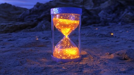 Wall Mural - A glowing 3D hourglass filled with shimmering particles, set against a rocky landscape under twilight